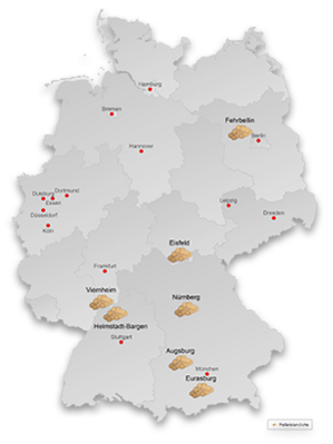 Schematische Landkarte von Deutschland, auf der die Standorte eingetragen sind